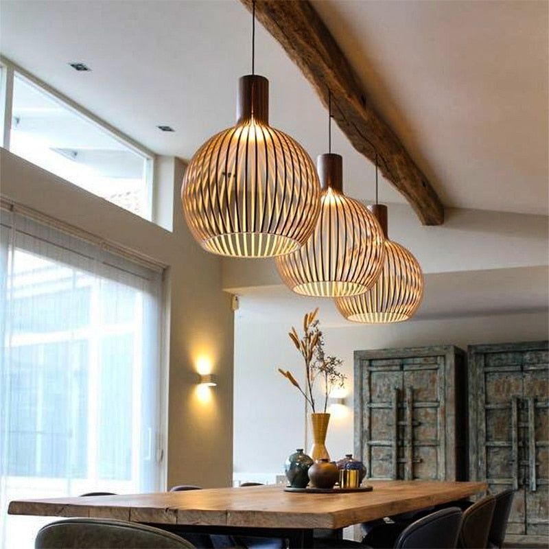 Handcrafted natural wood pendant lamp, modern ceiling light for elegant home interior decor.