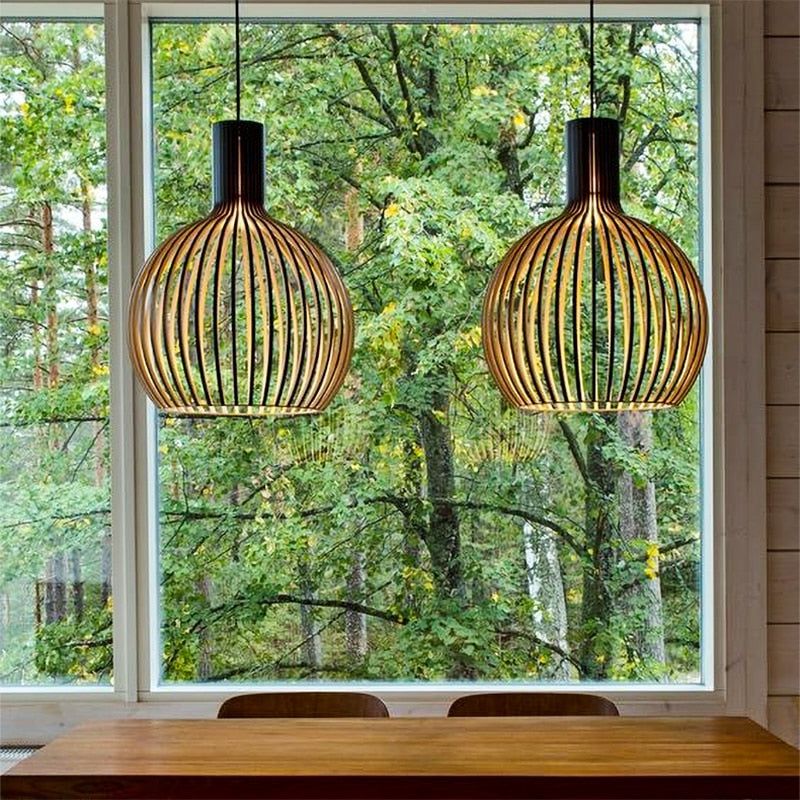 Rustic wooden pendant light, handcrafted ceiling lamp perfect for dining room or living room.