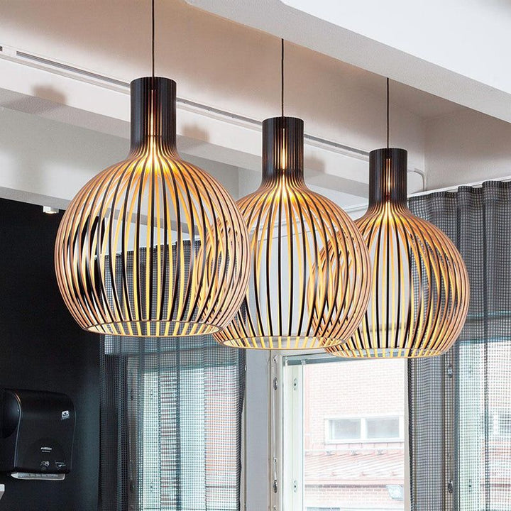 Modern natural wood pendant lamp, a handcrafted ceiling light enhancing rustic home decor.