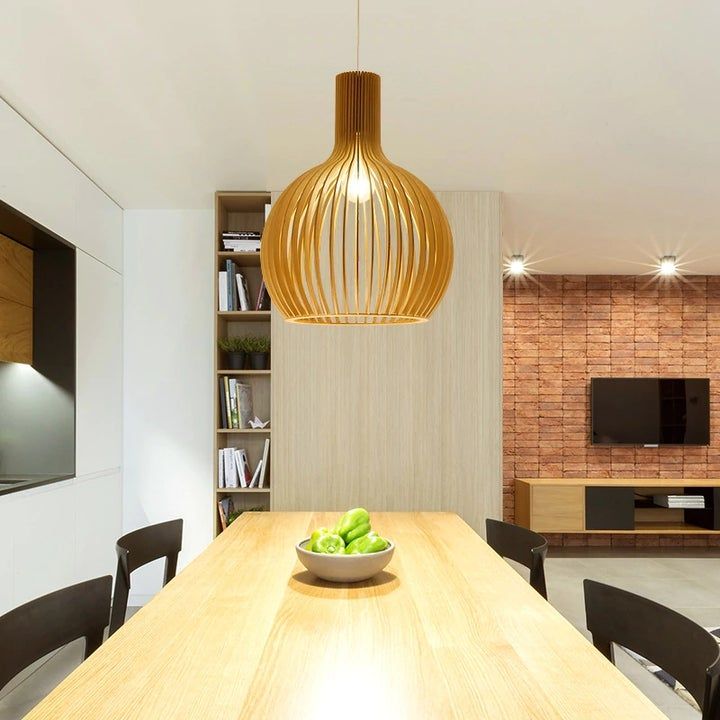 Handcrafted natural wood pendant lamp, ideal living room or dining room light fixture.