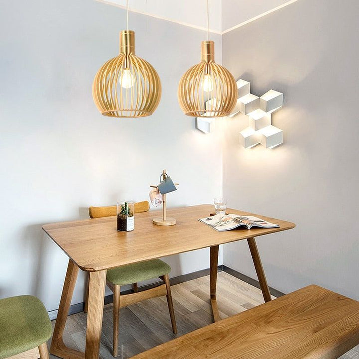 Rustic modern natural wood pendant lamp, handcrafted home lighting for chic interior design.