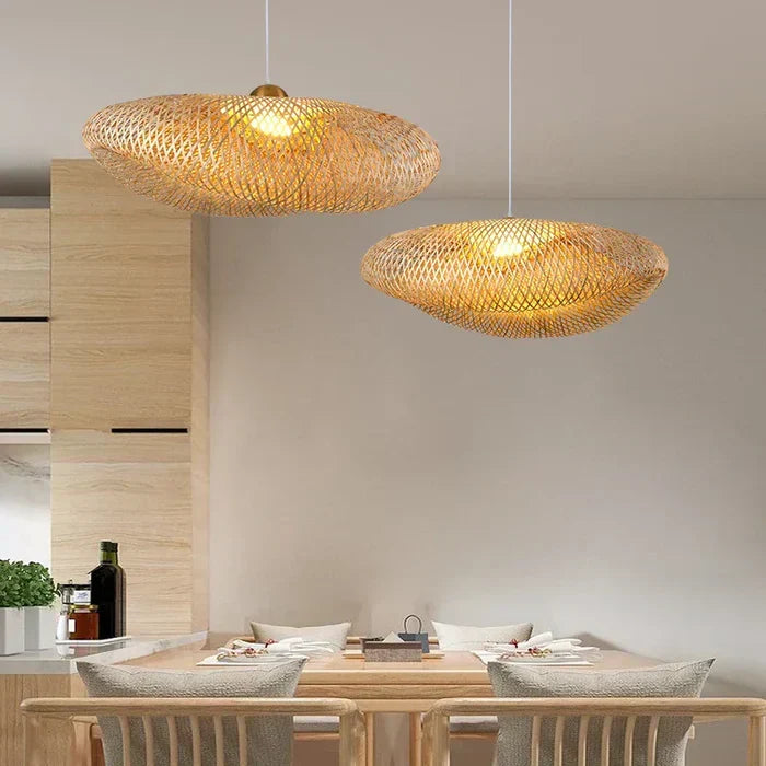 Handcrafted rattan pendant lamp. Natural woven light for warm, boho home lighting. Eco-friendly ceiling lamp.
