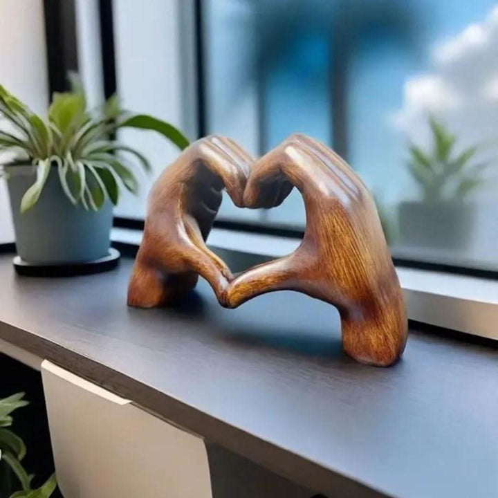 Handcrafted wooden heart hands sculpture, perfect love symbol home decor. Artisanal, unique gift.
