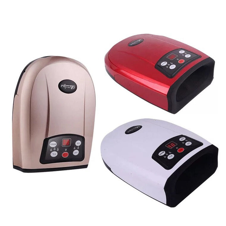 Innovative HandEase hand massager controls for customizable heat therapy and air compression settings.