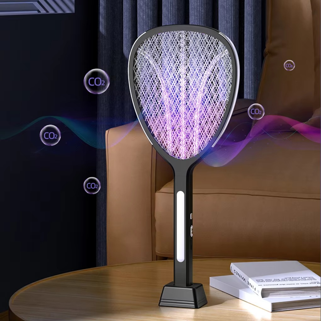 3-in-1 electric mosquito swatter with stand. Rechargeable bug zapper & insect killer for hands-free pest control.