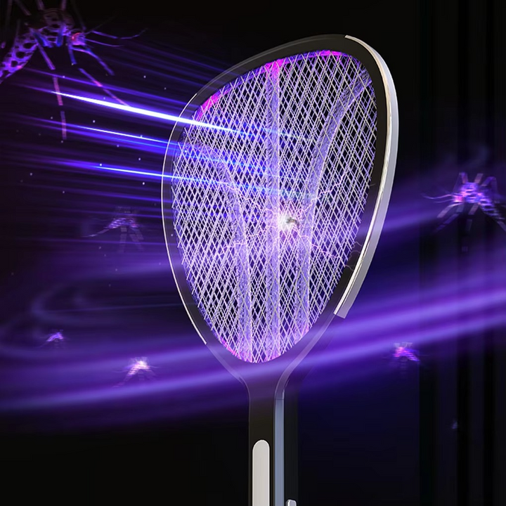 Close-up of electric mosquito swatter's powerful zapper grid. Safe insect killer for home pest control.