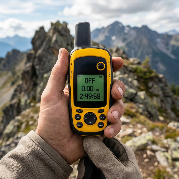 Handheld GPS meter for outdoor navigation, featuring altimeter, barometer, compass, thermometer. Ideal camping gear.