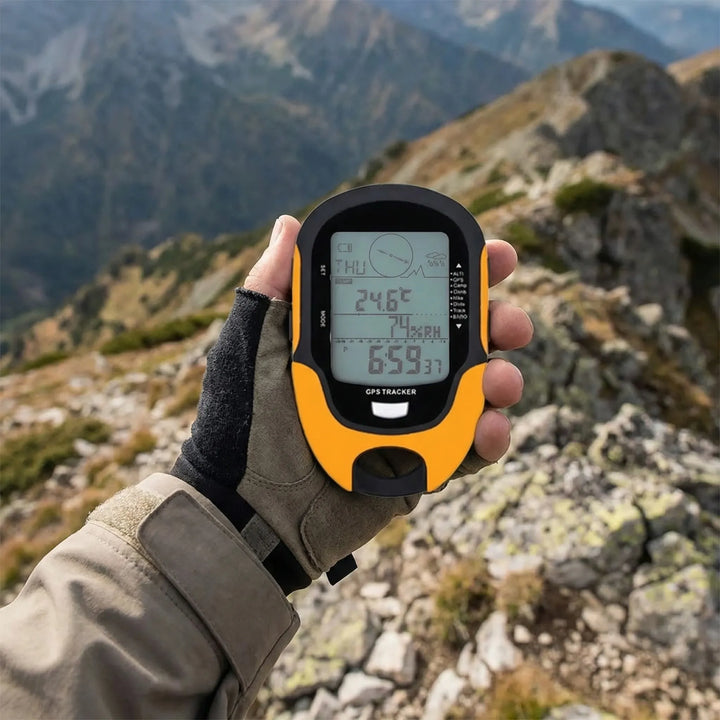 Handheld GPS receiver for outdoor navigation, hiking, trekking. Features altimeter, barometer, rechargeable.