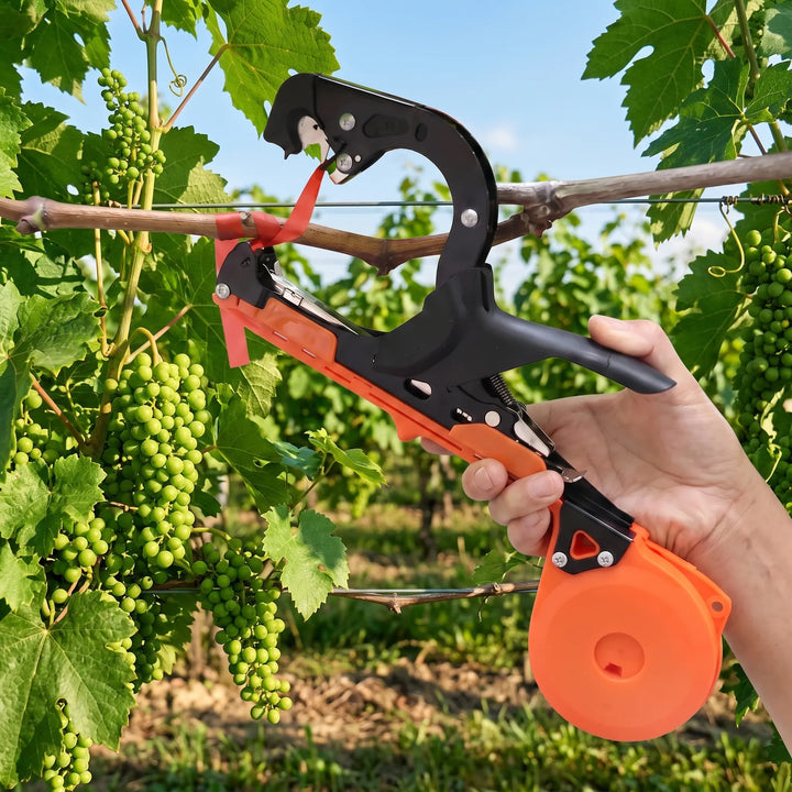 Handheld manual garden tying tool for plant support, securing vines & vegetable stems.