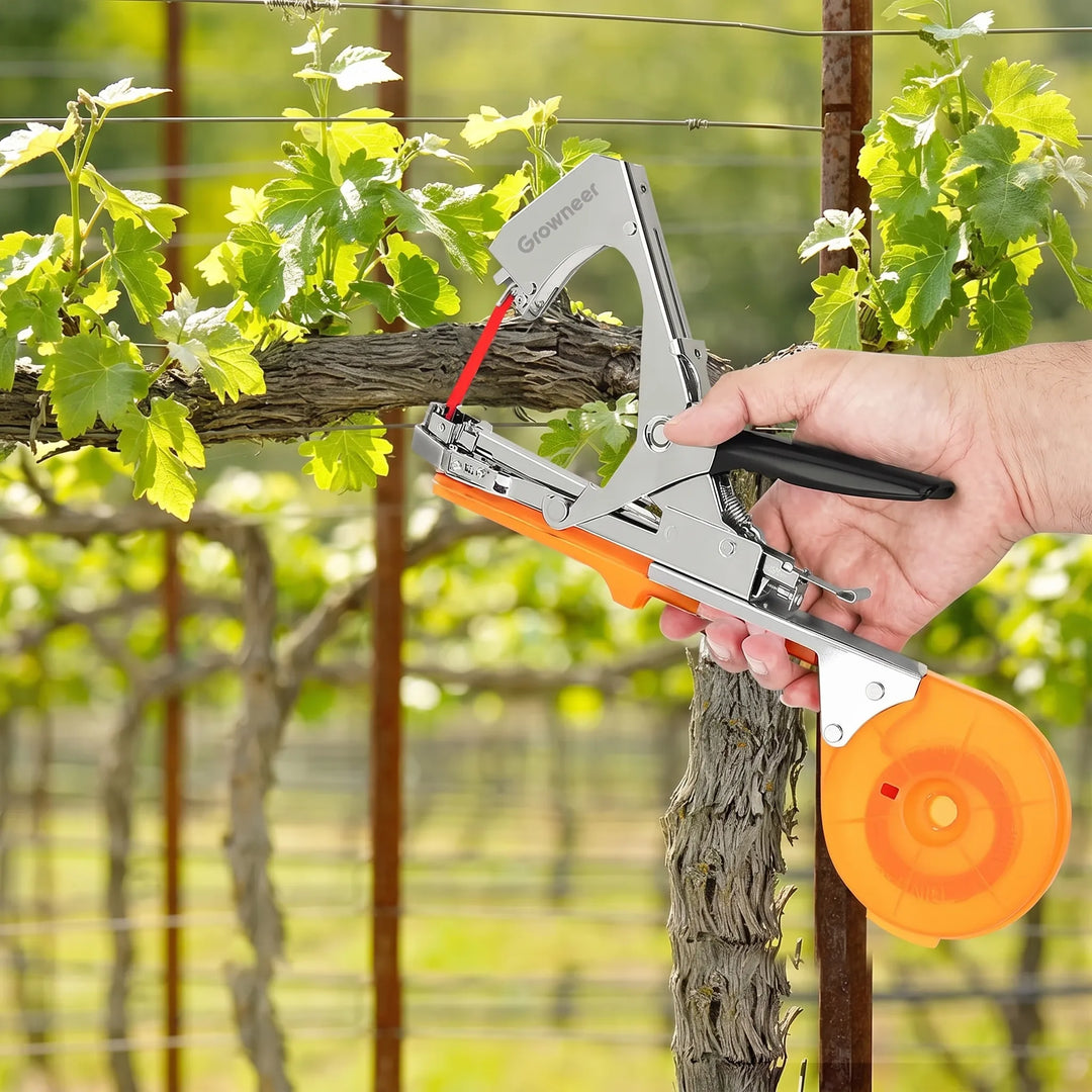 Ergonomic manual garden tying tool for quick and easy plant support of delicate vines and stems.