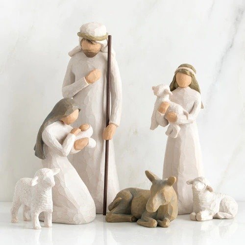 Rustic 20-piece barn wood creche nativity set. Handcrafted Christmas holiday display & heirloom home decor gift.