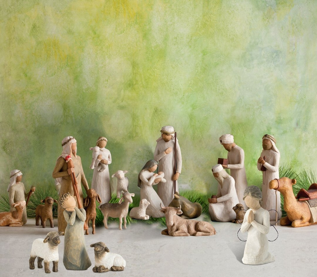 Detailed 20-piece handmade barn wood nativity set. Rustic Christmas creche for spiritual holiday & home decor.