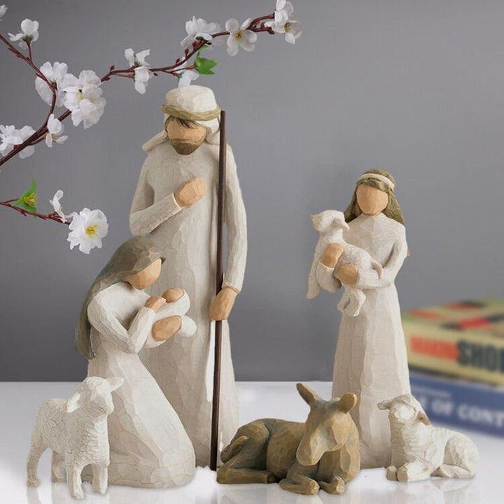 Artisan barn wood nativity scene set, 20 pieces. Elegant Christmas holiday display, religious gift & home decor.