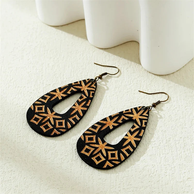 Natural wood bohemian earrings, handmade for women. Lightweight and stylish boho fashion accessory, hypoallergenic.