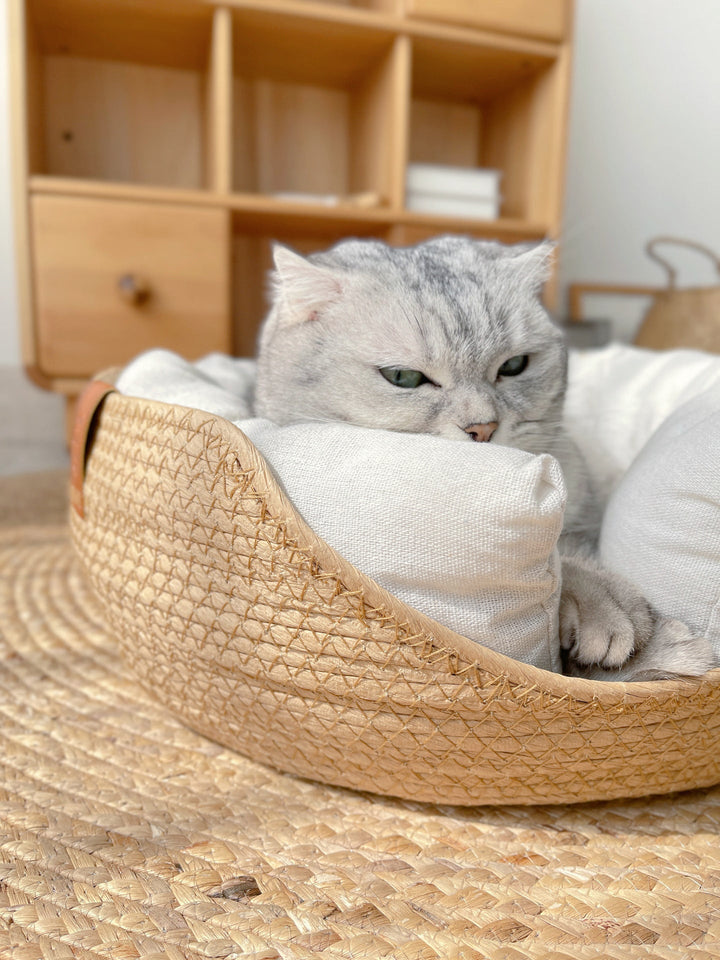 Cozy, comfortable handmade pet bed from LuxeSnooze, perfect for peaceful cat naps.