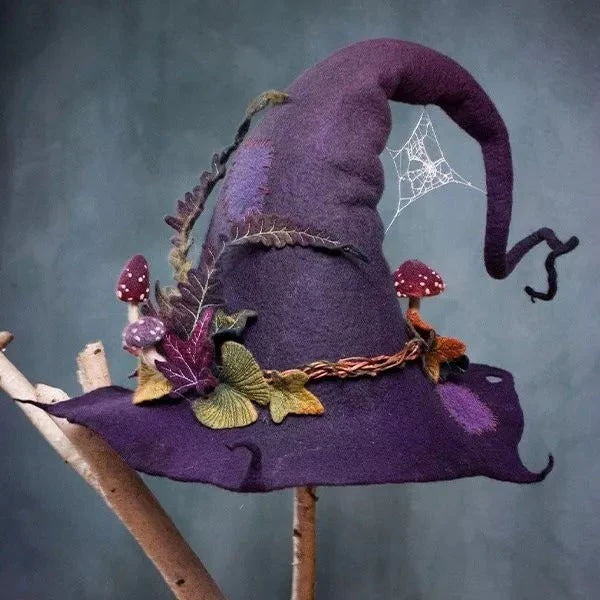 Handmade merino wool felt witch hat for women, perfect spooky Halloween party & costume accessory.