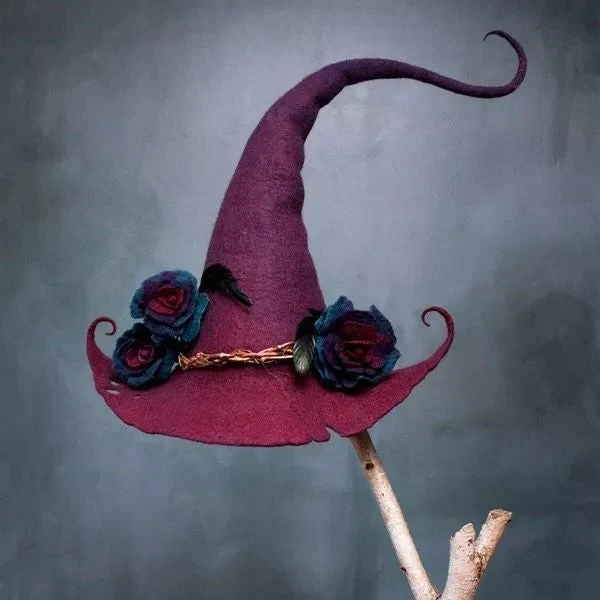 Unique women's handmade felt witch hat, a spooky Halloween costume accessory for parties & cosplay.