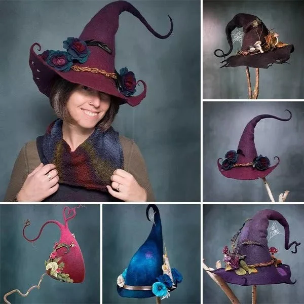 Spooky women's witch hat, handmade from merino wool felt for Halloween costumes, parties & cosplay.