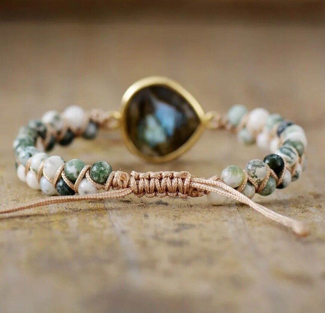 Men's natural stone braided cuff bracelet with polished onyx and hematite. Handmade, adjustable, & stylish.