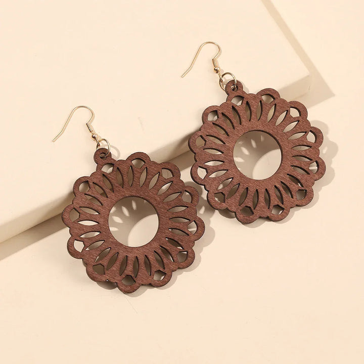 Statement retro carved wooden earrings, unique handmade dangle jewelry for women's vintage fashion.
