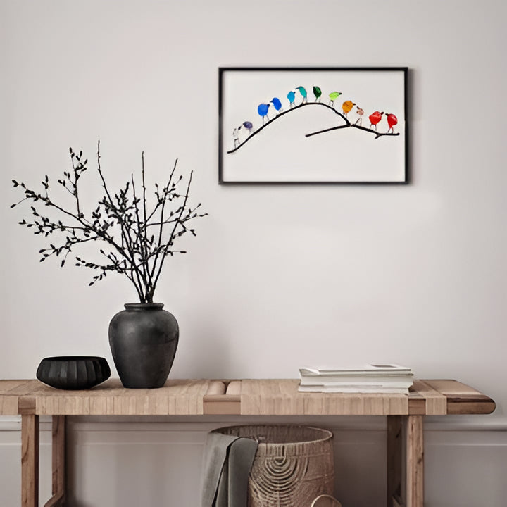 Vibrant eco-friendly sea glass bird art, handcrafted coastal decor featuring ocean treasures for unique home accents.