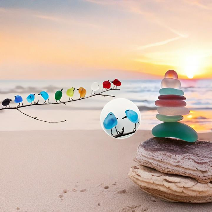 Close-up of beautiful handmade sea glass bird, showcasing unique textures and colors for coastal home decor.