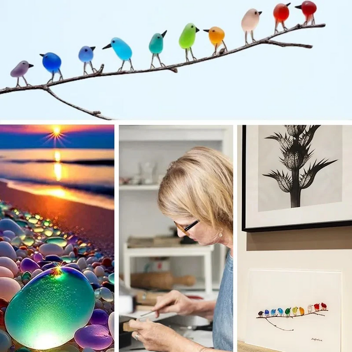 Unique handmade sea glass bird art, a perfect coastal decor gift capturing the beauty of the ocean.