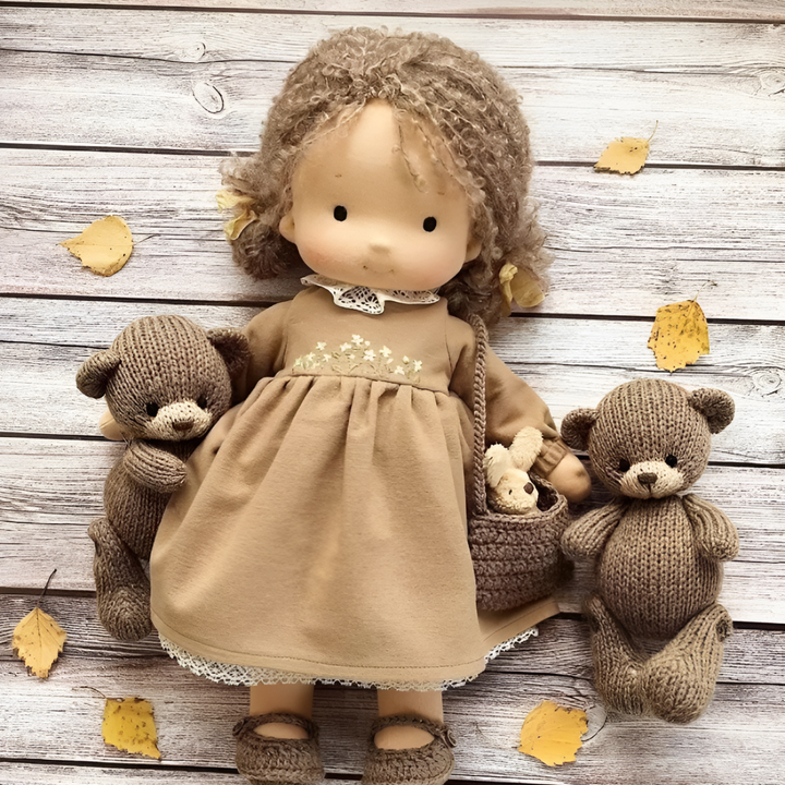 Soft handmade organic Waldorf doll for imaginative play, ideal children's comfort toy.