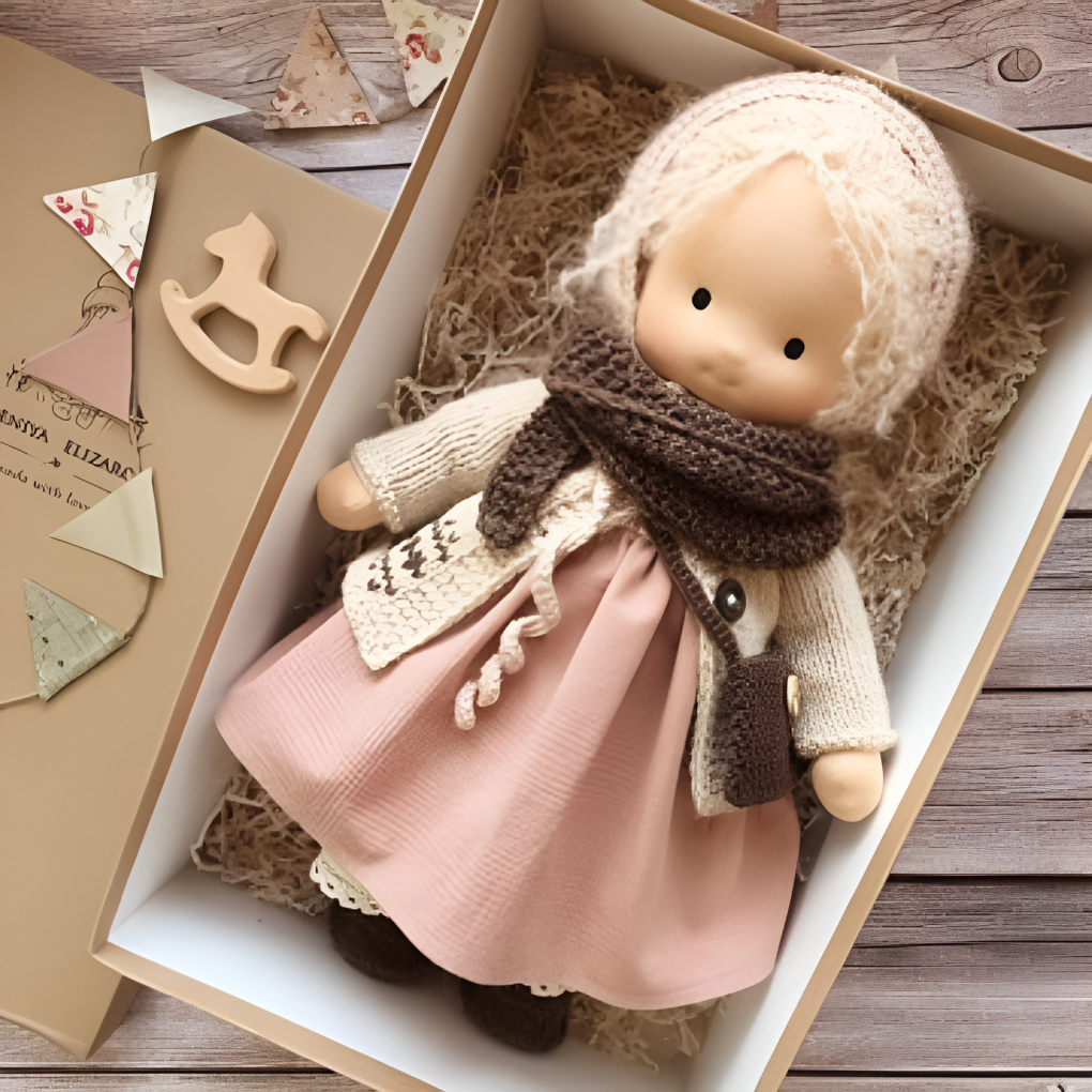 Organic Waldorf cloth doll, handmade soft toy for kids' imaginative play & comfort.