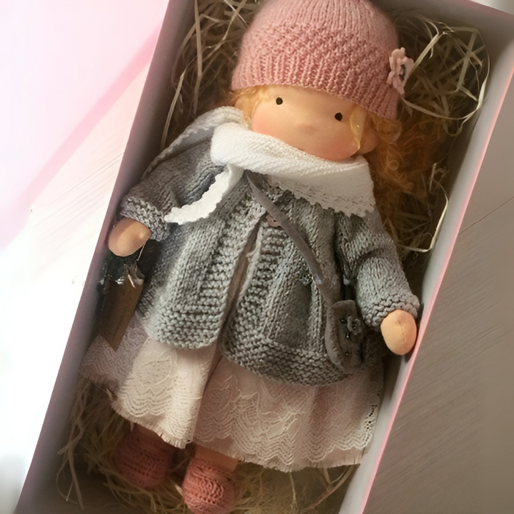 Handmade organic cloth doll, Waldorf style, for kids' comfort and imaginative play.