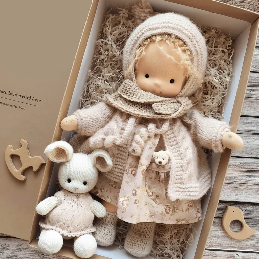 Handmade Waldorf doll for children, soft cotton, natural fibers. Perfect for imaginative play & comforting.