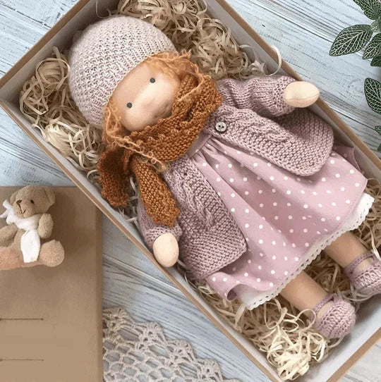 Heirloom Waldorf doll, handmade cotton toy. Natural fibers, ideal kids gift for imaginative play.
