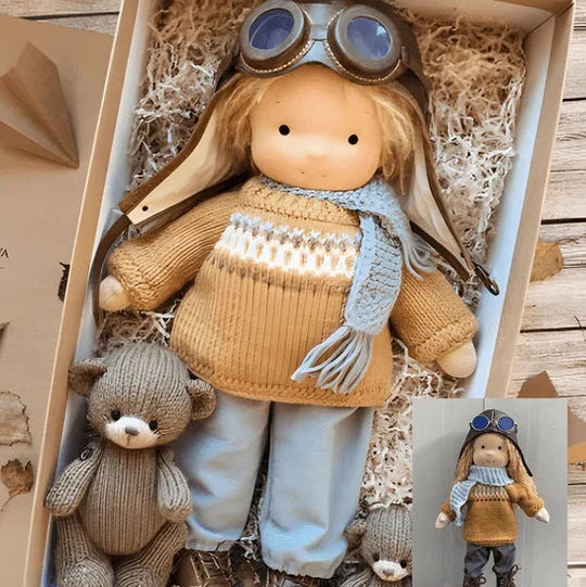 Handmade Waldorf doll for kids. Soft cotton, natural fibers, comforting. Ideal gift for imaginative play.