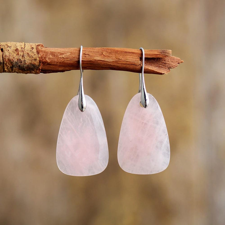 Handmade Women's Ameline Aura Rose Quartz protection dangle earrings, spiritual gemstone jewelry for healing.