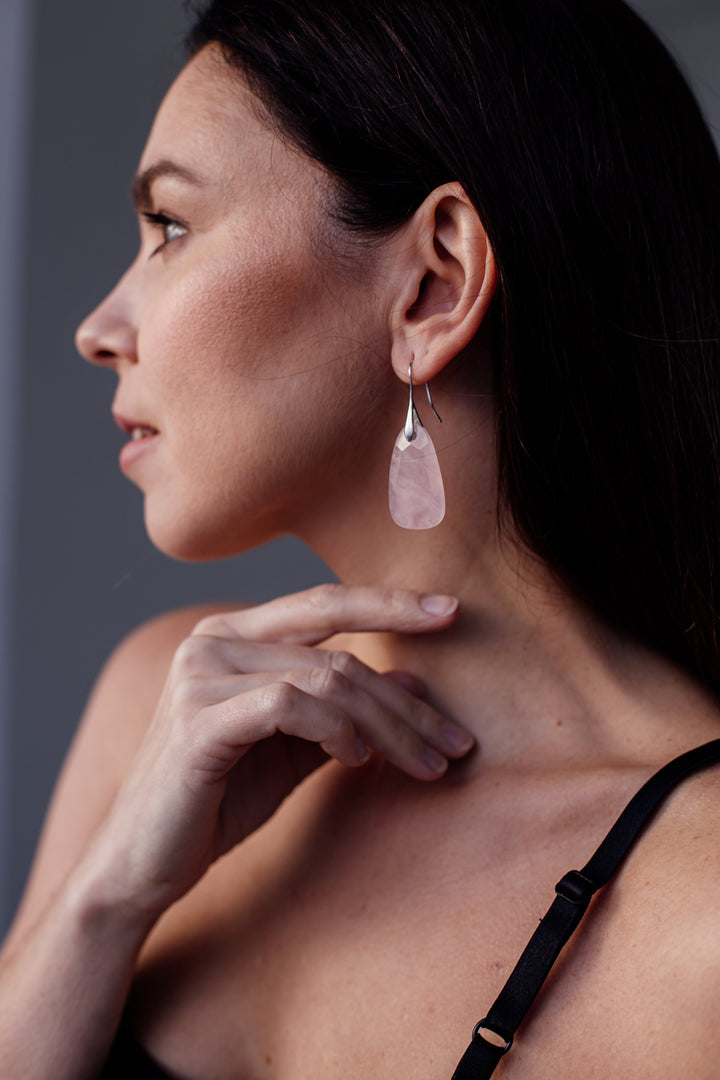 Elegant Aura Rose Quartz dangle earrings, spiritual protection gemstone jewelry for women. Unique gift idea.