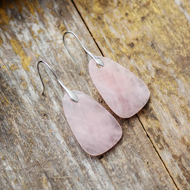 Beautiful rose quartz protection dangle earrings, Ameline Aura design. Handmade women's spiritual jewelry.