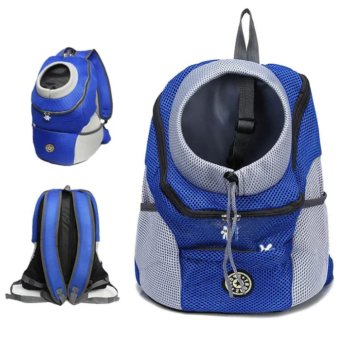 Fur Sport dog backpack carrier in action, carrying a happy small dog hands-free on a hiking trail.