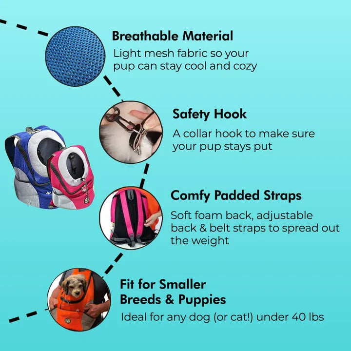 Ergonomic hands-free pet carrier backpack for dogs, featuring breathable mesh for comfortable pet travel & outdoor use.