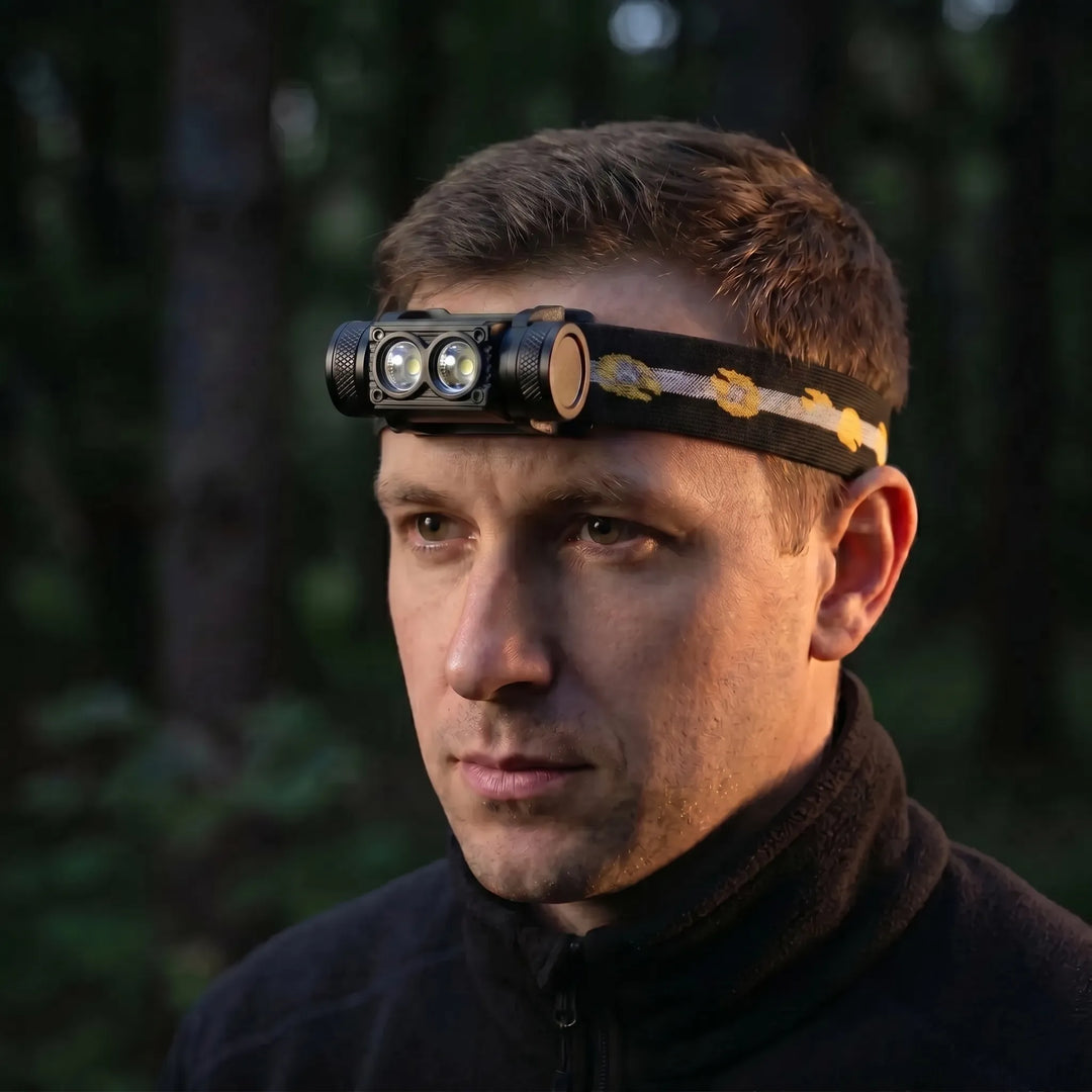 Hands-free rechargeable dual-LED headlamp, ideal for outdoor activities like camping & hiking. USB-C charging.