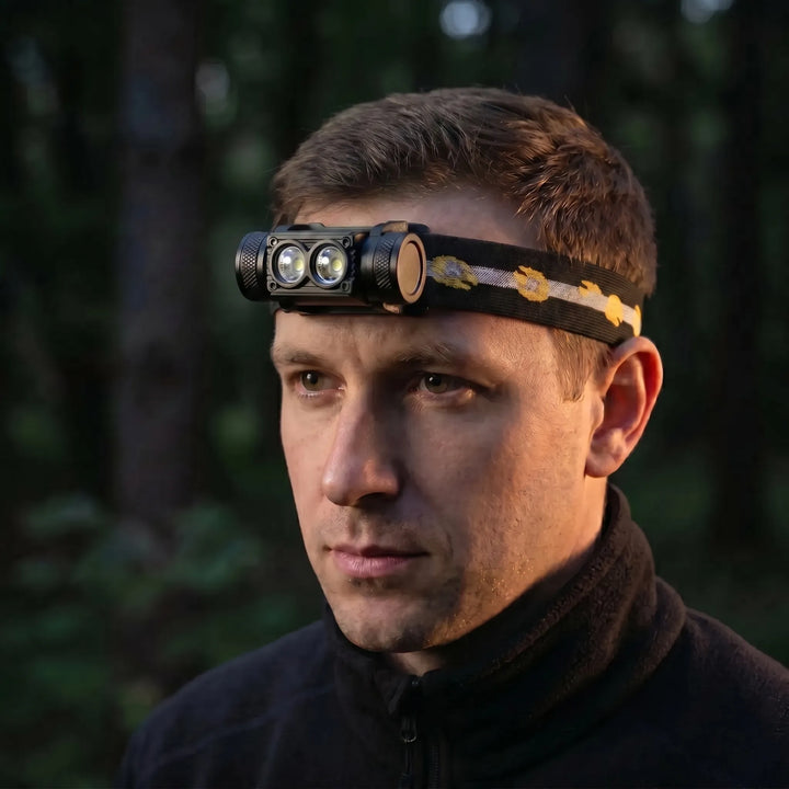 Hands-free rechargeable dual-LED headlamp, ideal for outdoor activities like camping & hiking. USB-C charging.