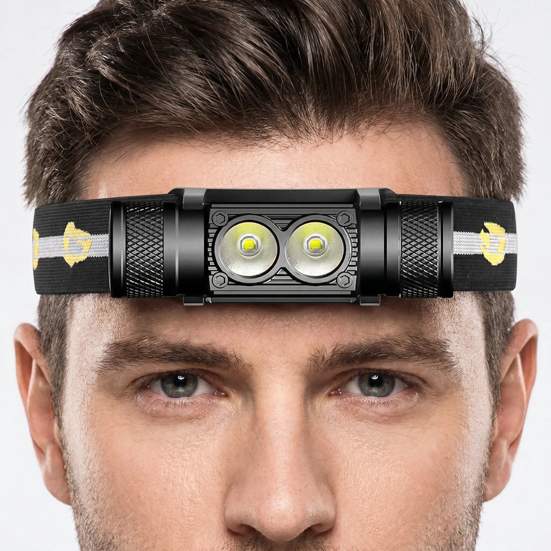 Bright dual-LED headlamp for night fishing. Rechargeable with USB-C, offering hands-free illumination.