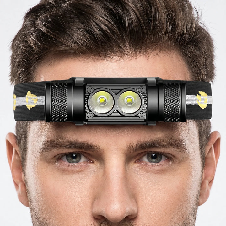 Bright dual-LED headlamp for night fishing. Rechargeable with USB-C, offering hands-free illumination.