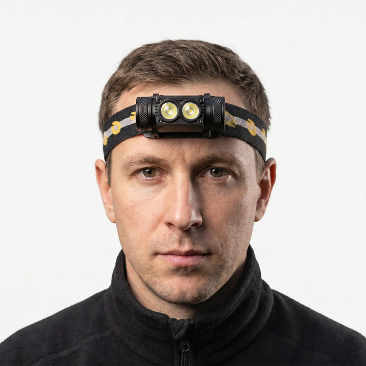 Close-up of a rechargeable dual-LED headlamp, highlighting its USB-C port for easy charging.