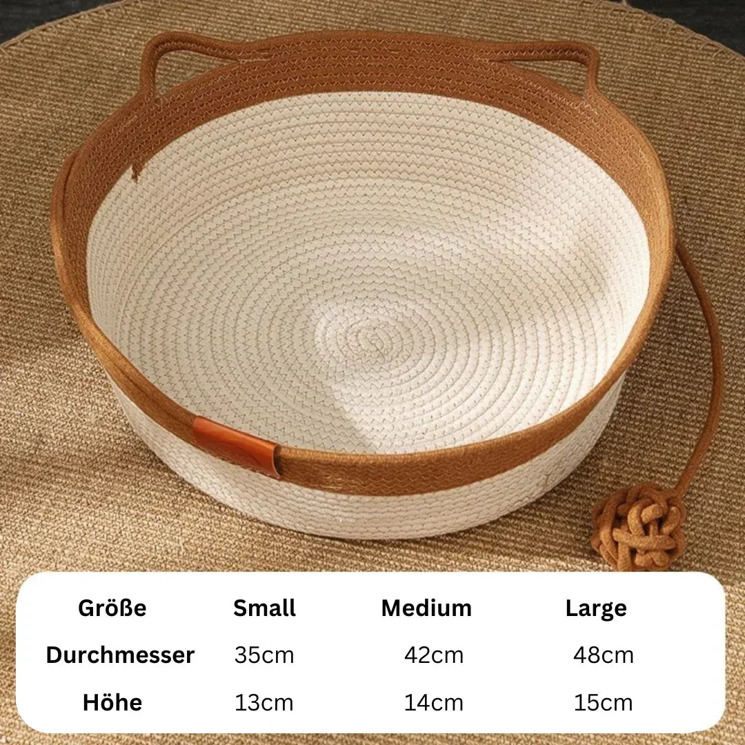 Durable handwoven cotton rope cat bed in khaki, offering a cozy retreat for ultimate feline comfort.