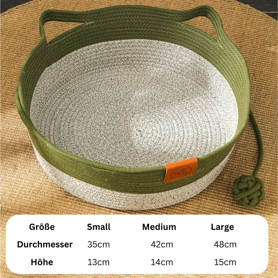 Modern green handwoven cotton rope cat bed, providing a comfortable and stylish pet furniture option.