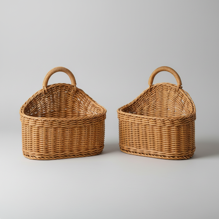 Decorative storage basket set with handles for kitchen, entryway, or general home organization.