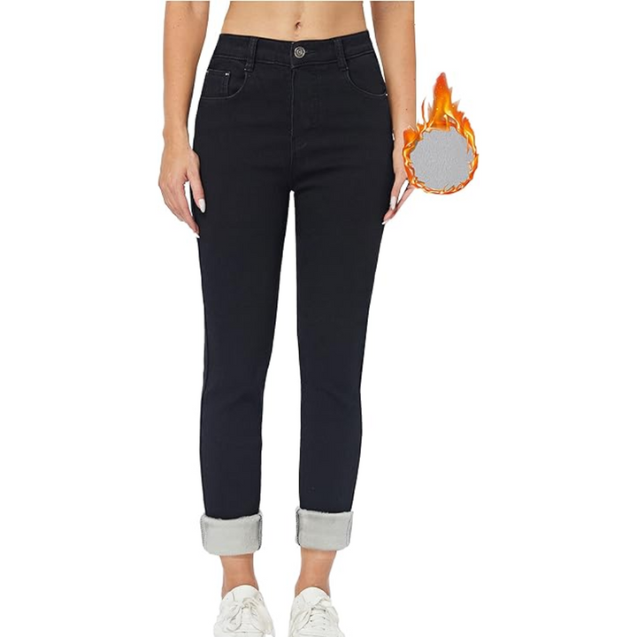 Inside detail of the soft fleece lining in women's winter thermal jeans