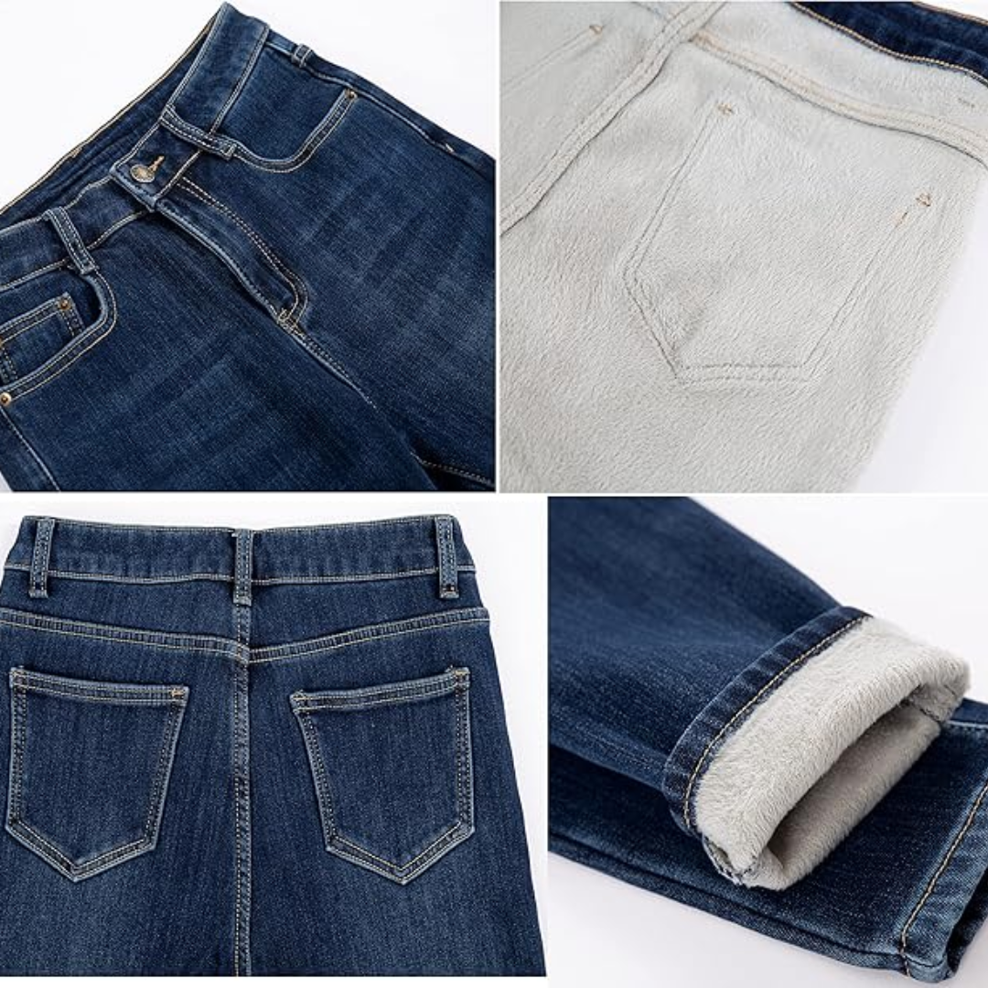 Close-up of button and zipper on Hannah women's thermal skinny jeans
