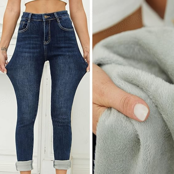 Cozy women's thermal jeans with fleece lining, medium wash, full length