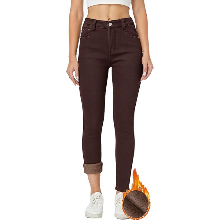 Close-up of the stretch denim fabric on women's thermal skinny jeans
